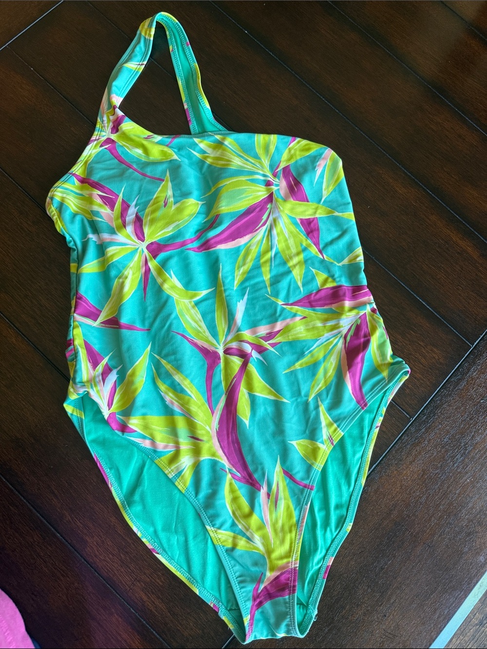 Old Navy Turquoise One-Shoulder Tropical Leaf One-Piece - Lime & Fuchsia